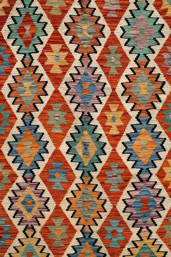 Close-up of a vibrant Turkish rug showcasing intricate geometric patterns and rich colors.