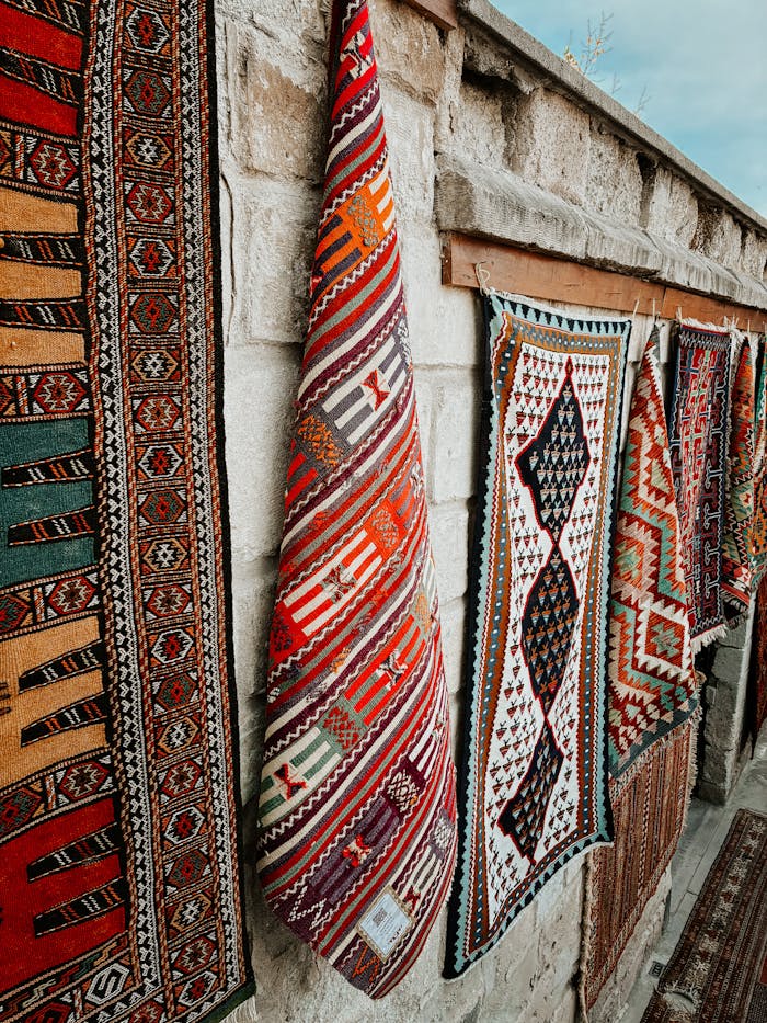 Colorful handwoven rugs displayed on a stone wall showcasing intricate traditional patterns.