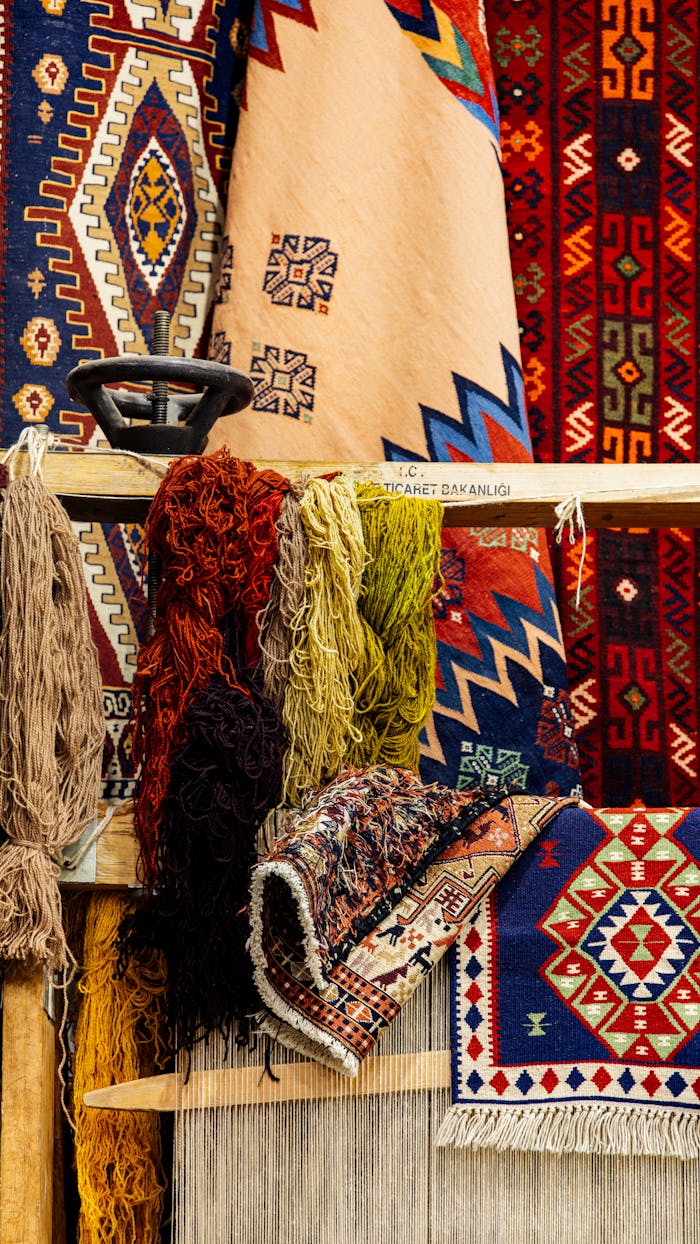 A vibrant display of traditional Turkish kilim rugs in Van, showcasing intricate patterns and colors.