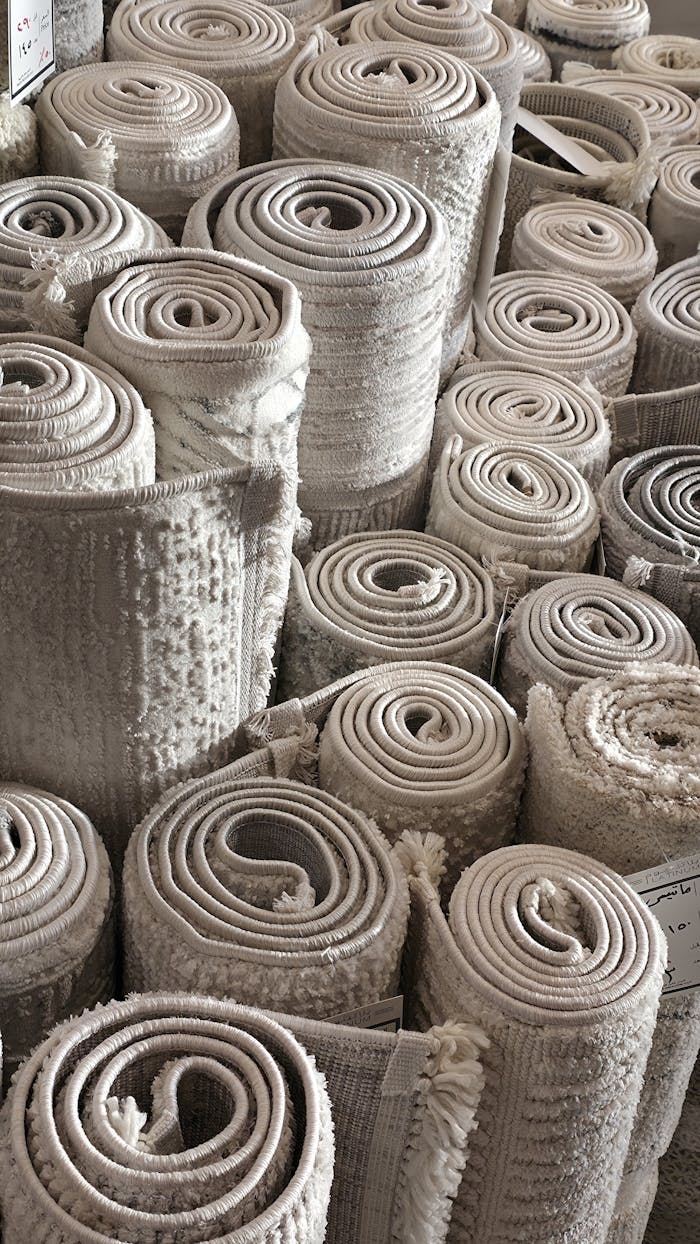 Elegant rolled carpets neatly stacked in a Jeddah market, showcasing intricate textures and neutral tones.