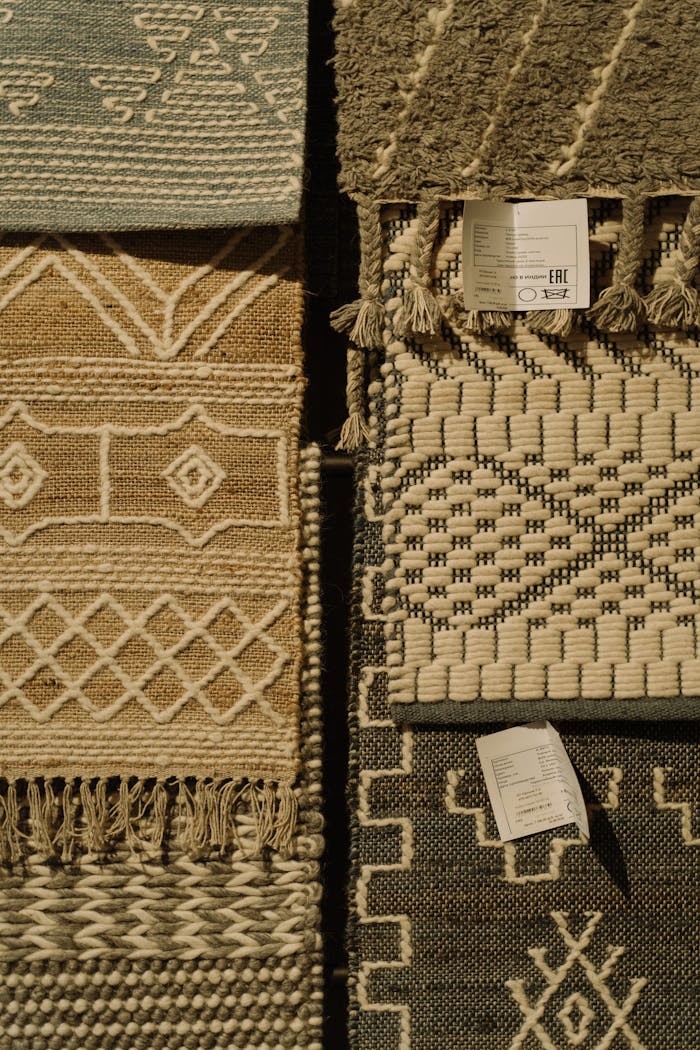 Textured rugs with intricate patterns displayed vertically in a store setting.
